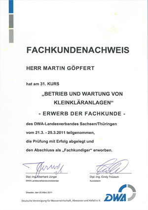 Zertifikat D-A-CH Lehrgang Kanalinspektion (M. Göpfert)